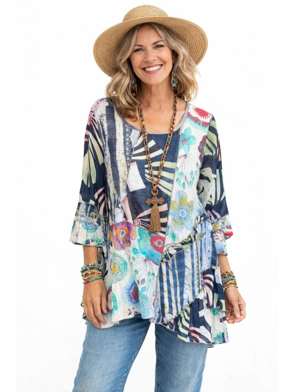 Paris Tunic Top Womens L Multicolor Patchwork Boho Artsy Relaxed Casual Blouse